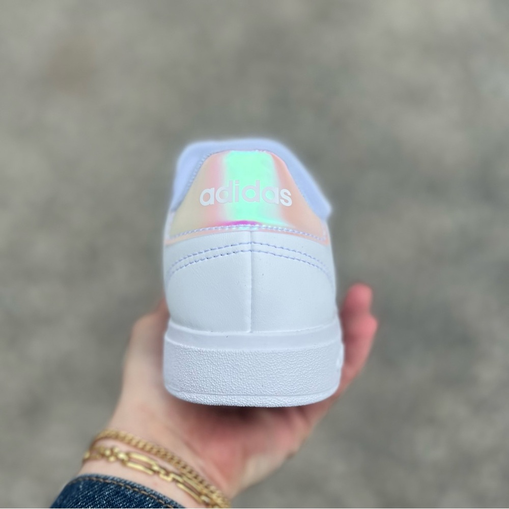 851 | Adidas Grand Court Kids Girls White Sneakers with Iridescent Stripes - Picture 6 of 10